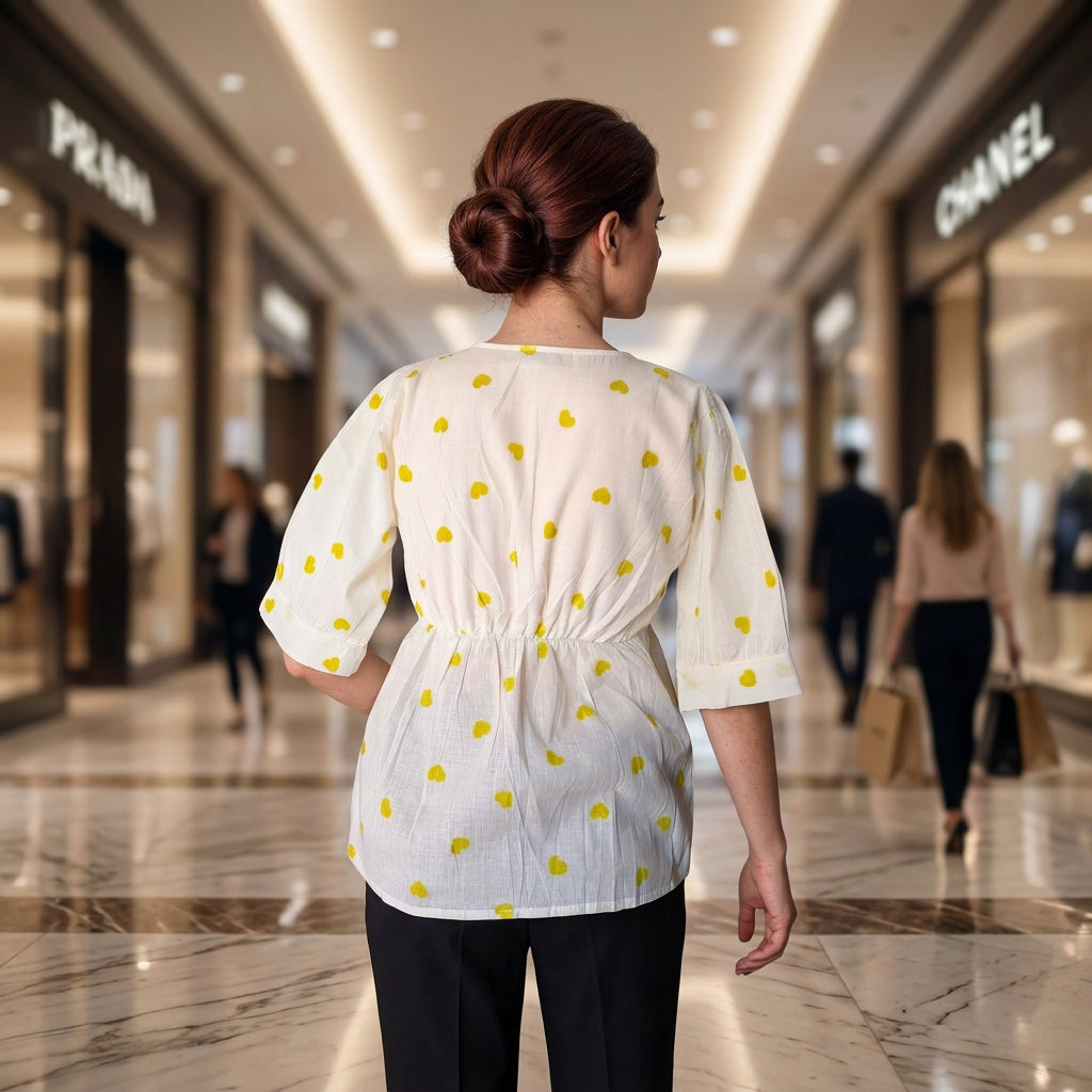 Heart Print Square Neck Peplum Top-Yellow