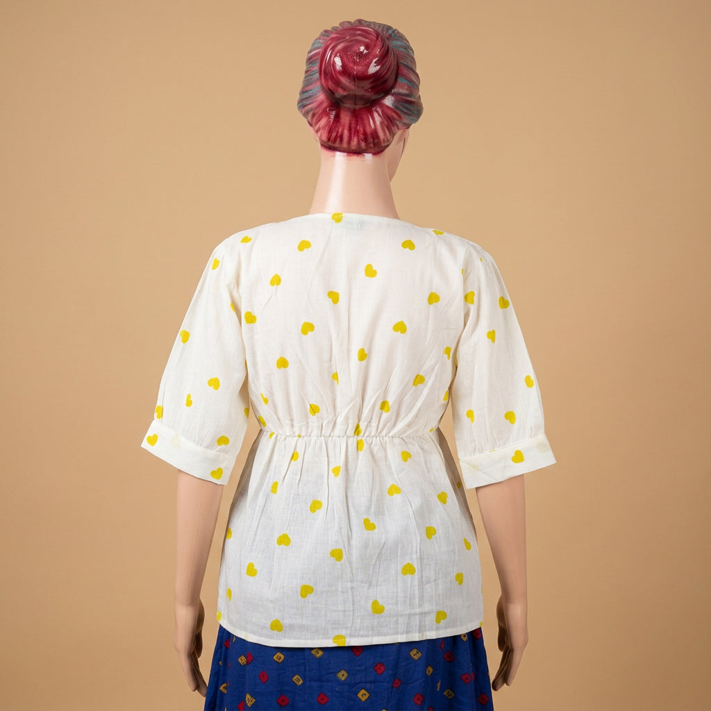 Heart Print Square Neck Peplum Top-Yellow