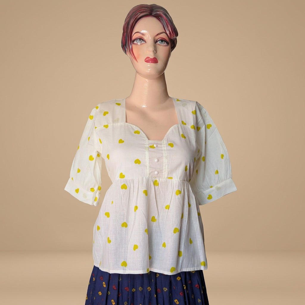 Heart Print Square Neck Peplum Top-Yellow
