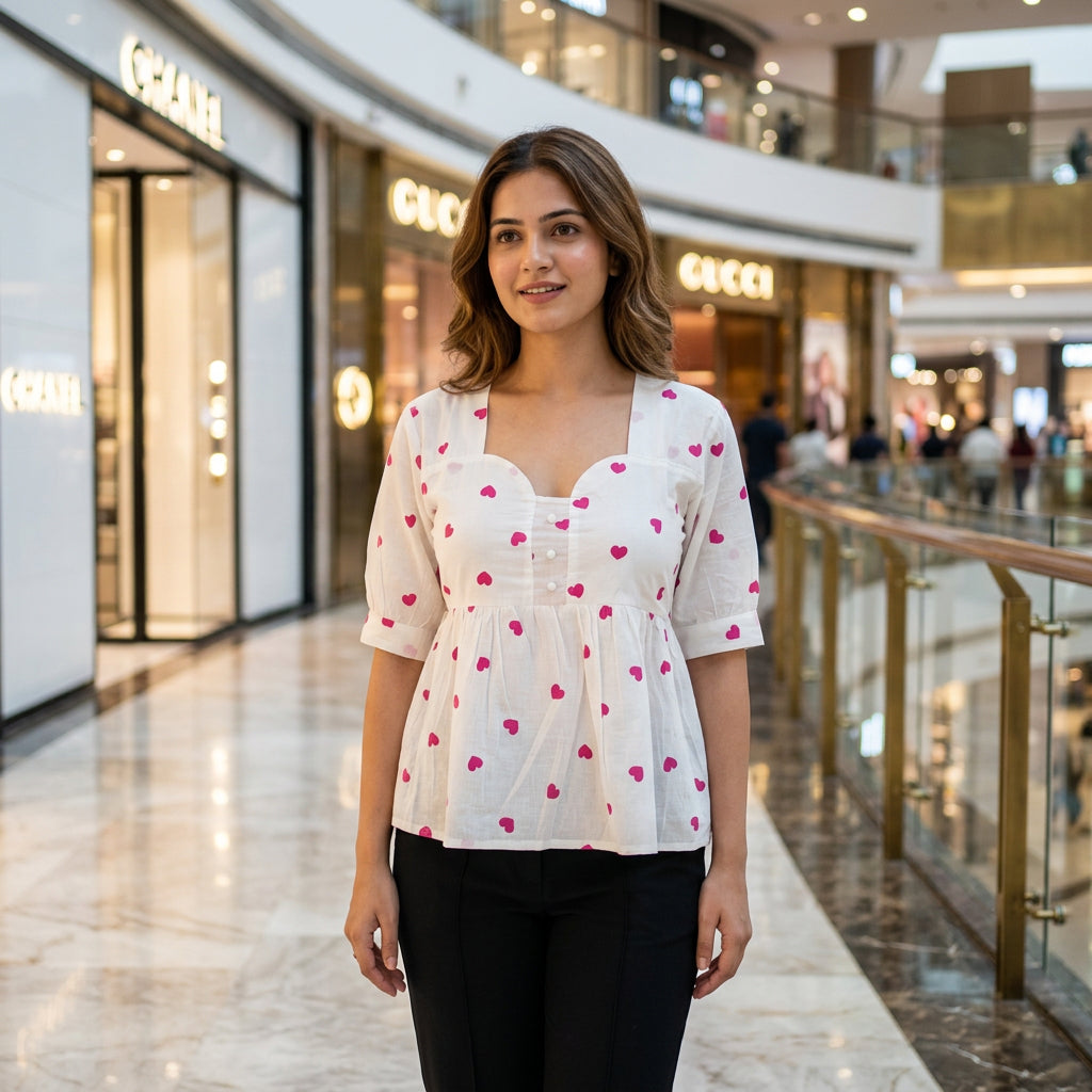 Heart Print Square Neck Peplum Top-Pink