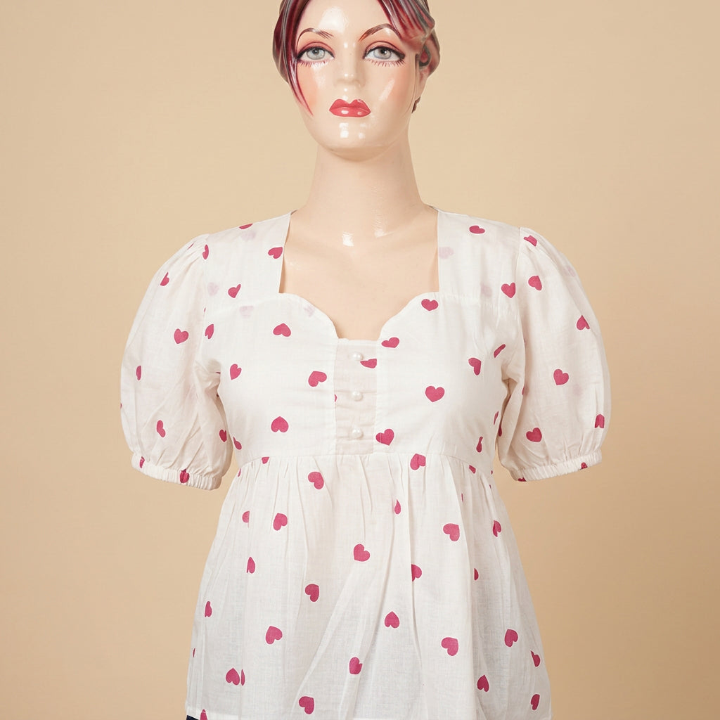Heart Print Square Neck Peplum Top-Pink