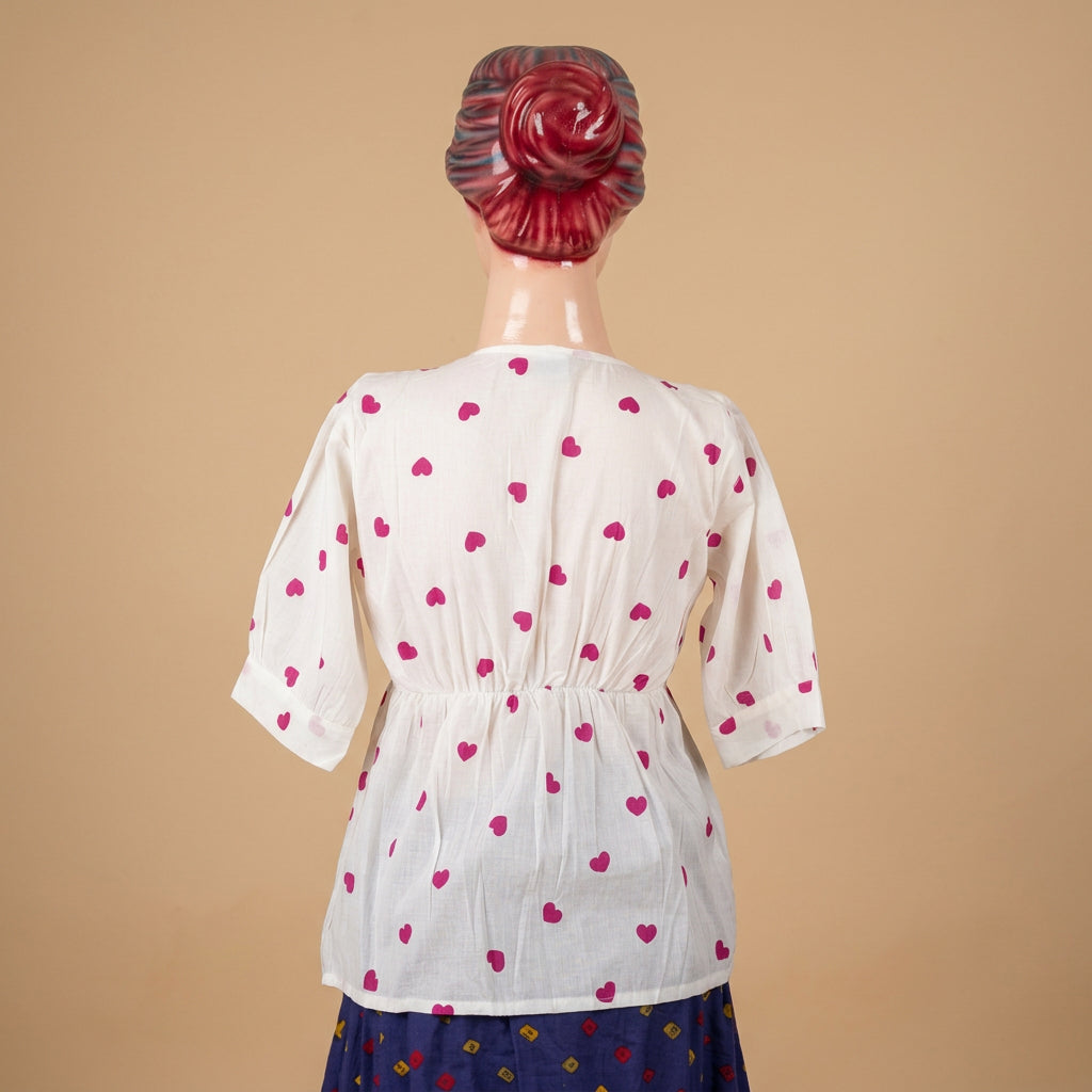 Heart Print Square Neck Peplum Top-Pink