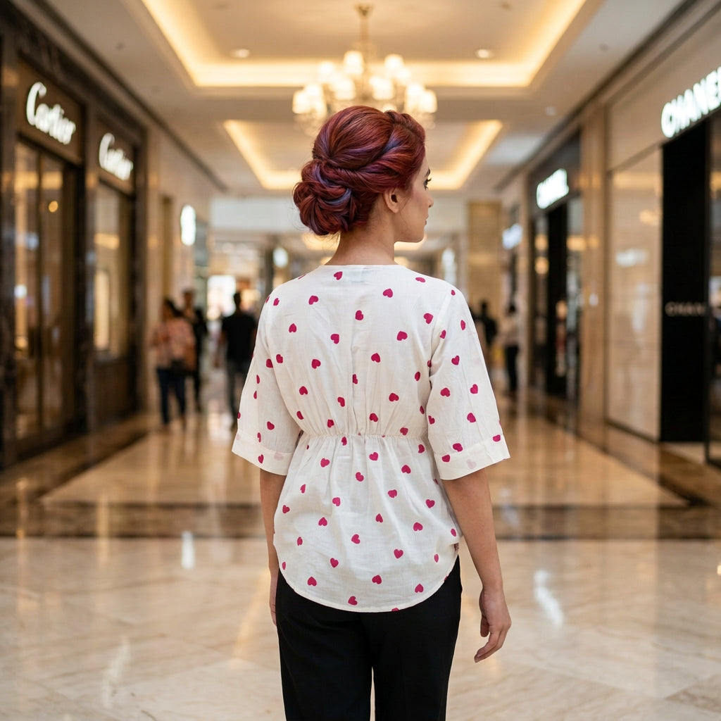 Heart Print Square Neck Peplum Top-Pink
