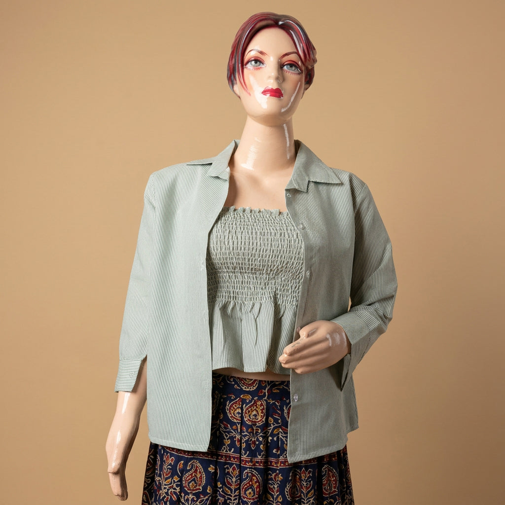 Grey Striped Two-Piece Shirt Set