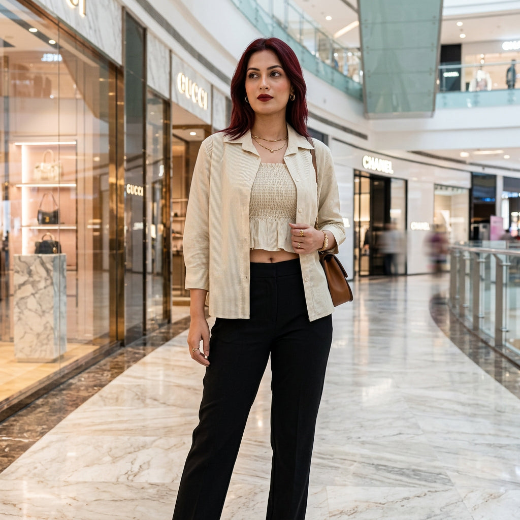 Ivory striped Two-Piece Shirt Set