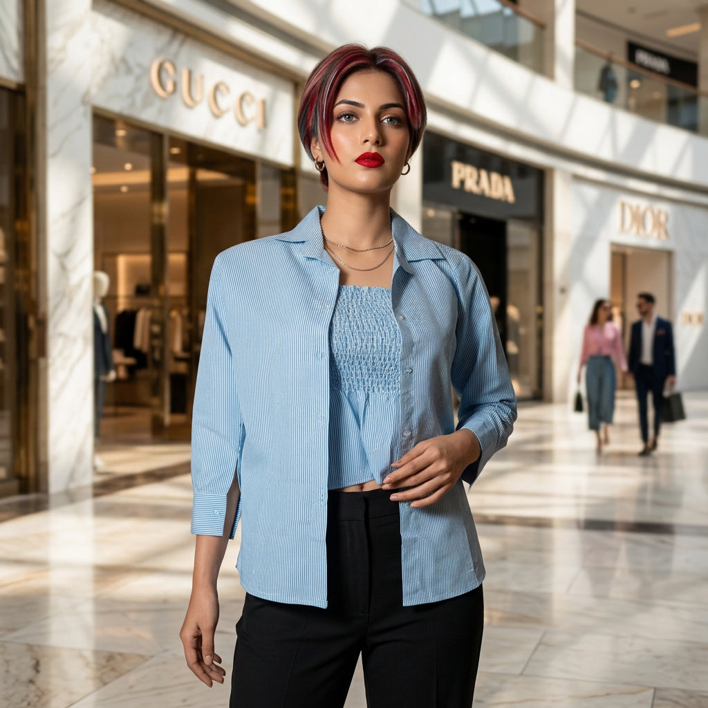 Blue Striped Two-Piece Shirt Set