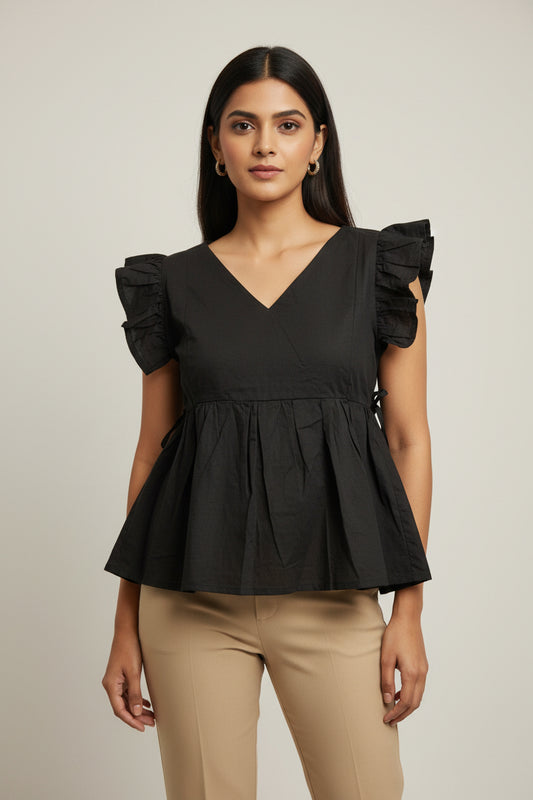 BLACK RUFFELE SLEEVES TOP